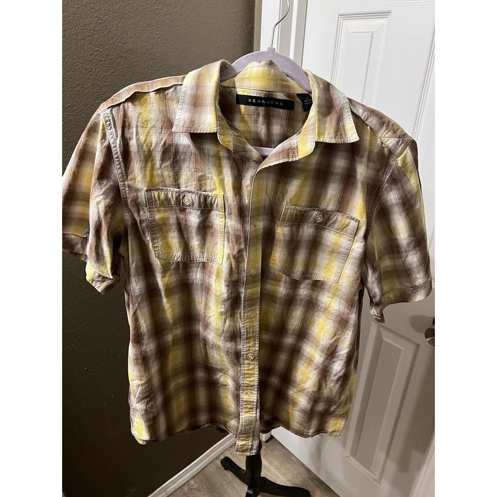 Sean John Plaid Hidden Buttons Short Sleeve Button Front Shirt Large